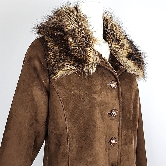 Centigrade Women's Long Faux Suede Button Up Winter Coat Faux Fur Collar Sz M - Picture 4 of 15